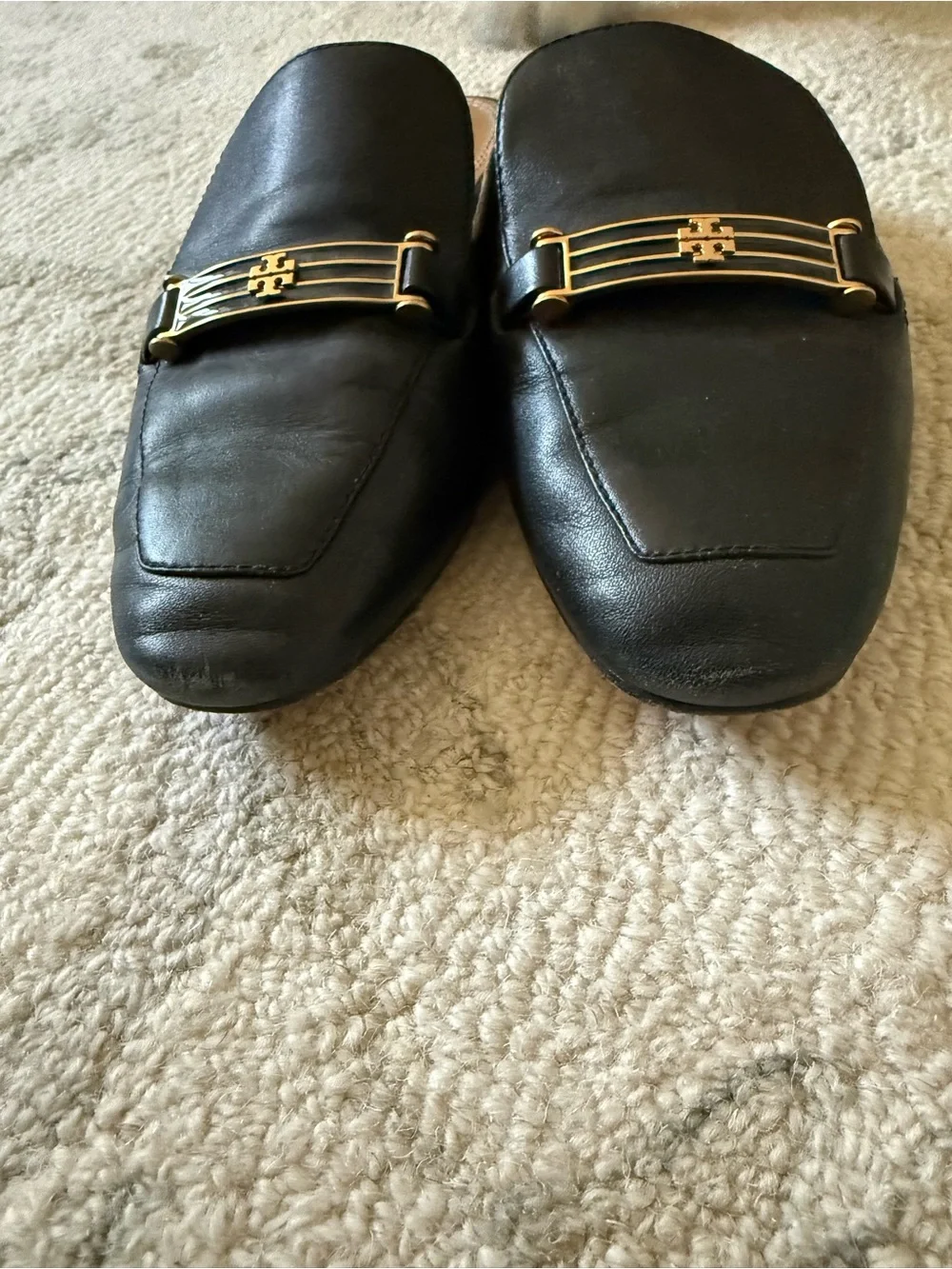 Tory Burch Black Leather Slide Mules with Gold Hardware